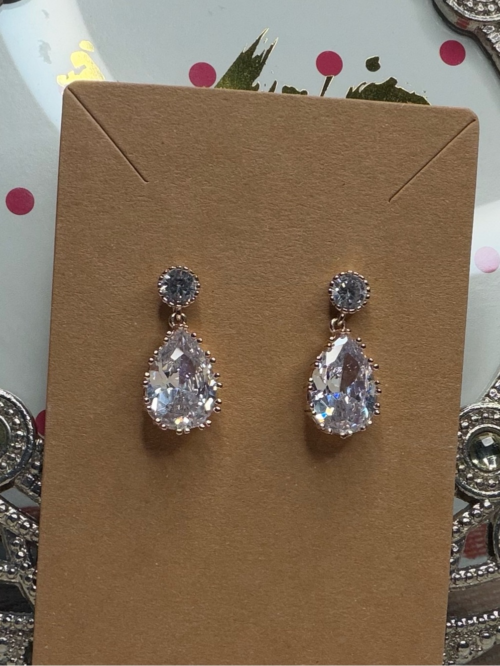 Dainty Pear Cut Crystal Halo Post Drop Earrings Rose Gold Tone